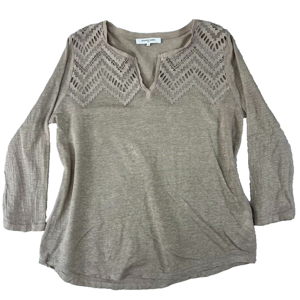 Gerard Darel Paris Linen Long Sleeve Shirt Top V Neck Lace Women's Size 2 Beige